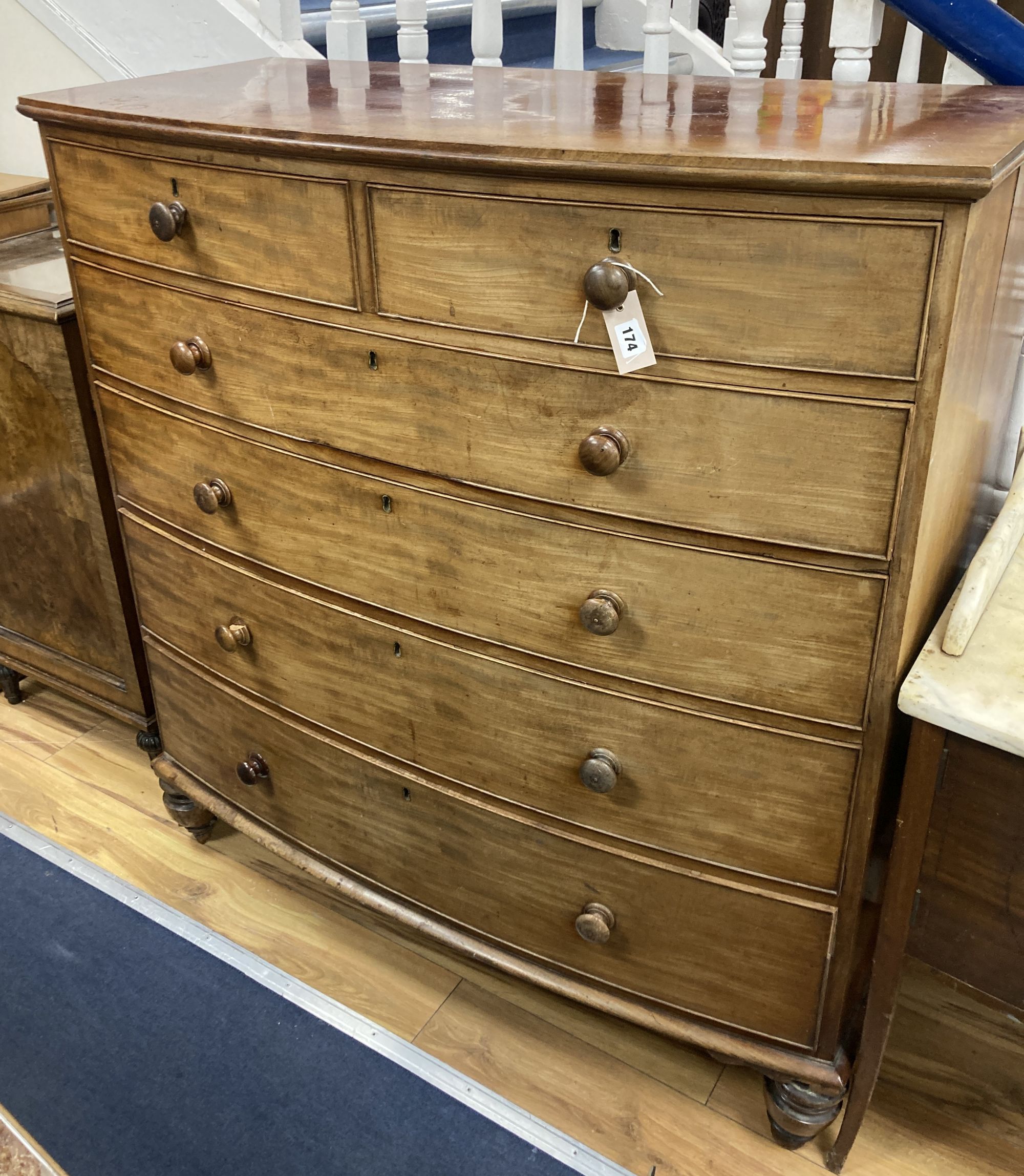 A Victorian mahogany bowfront chest, width 118cm, depth 55cm, height 124cm